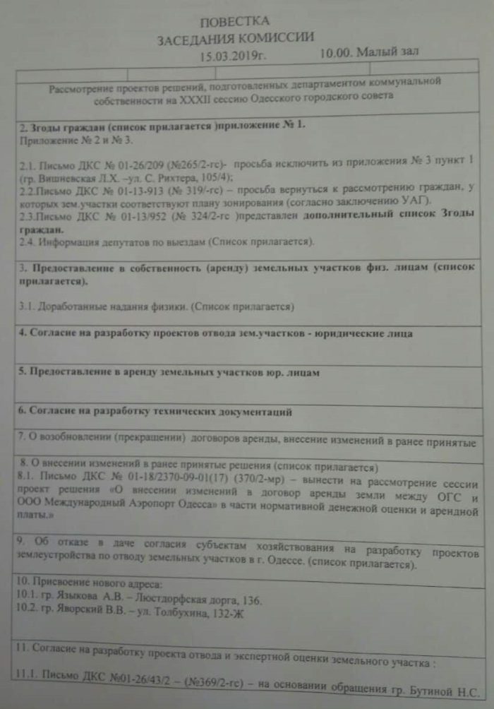 На заседании земельной комиссии депутатов горсовета Одессы 15.03.2019 вынесли ряд"вопиющих" решений на сессию